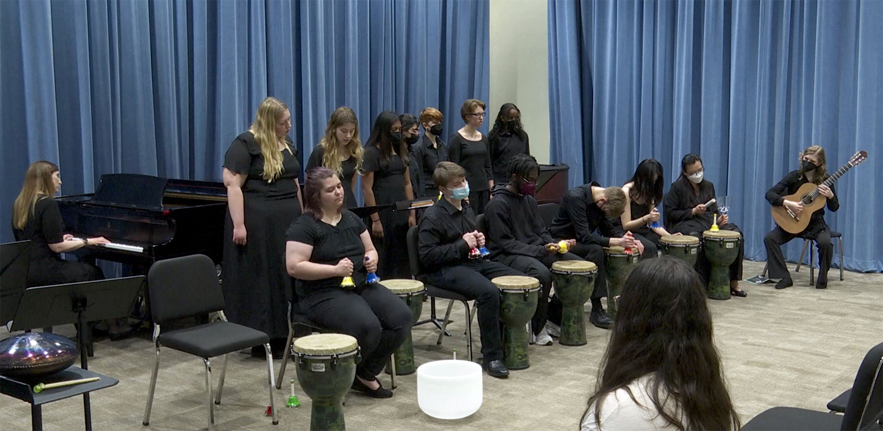 Spring 2022 Healing Arts Ensemble Recital featuring original compositions by Rita Gigliotti. Instruments being used are crystal bowls, HAPI drums, djembe, handbells, piano, human voice, guitar. 